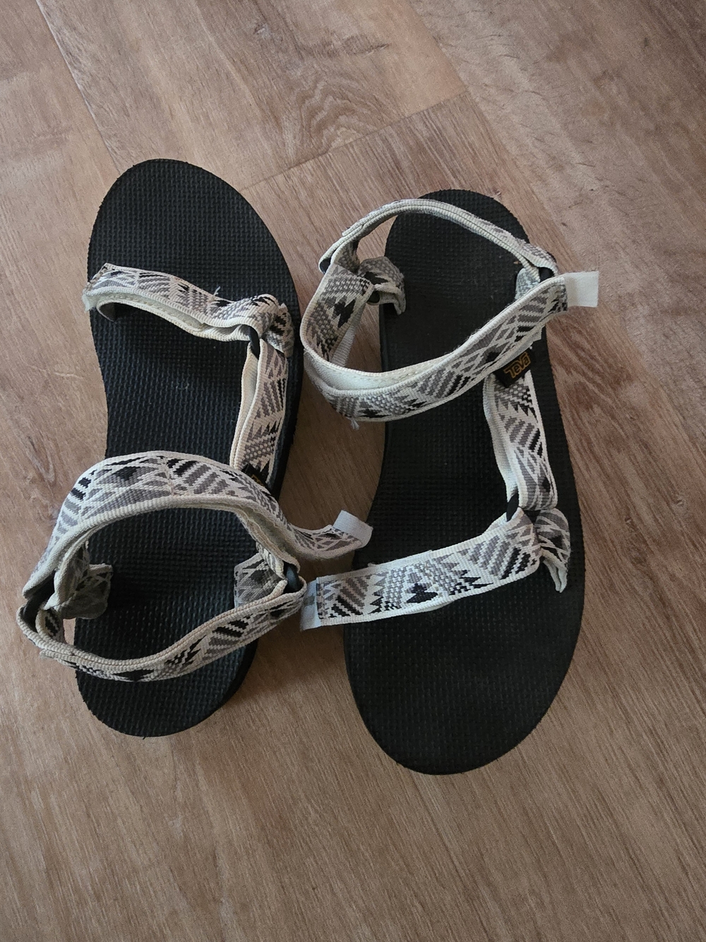 Teva Black Sandals with Cream Patterned Straps